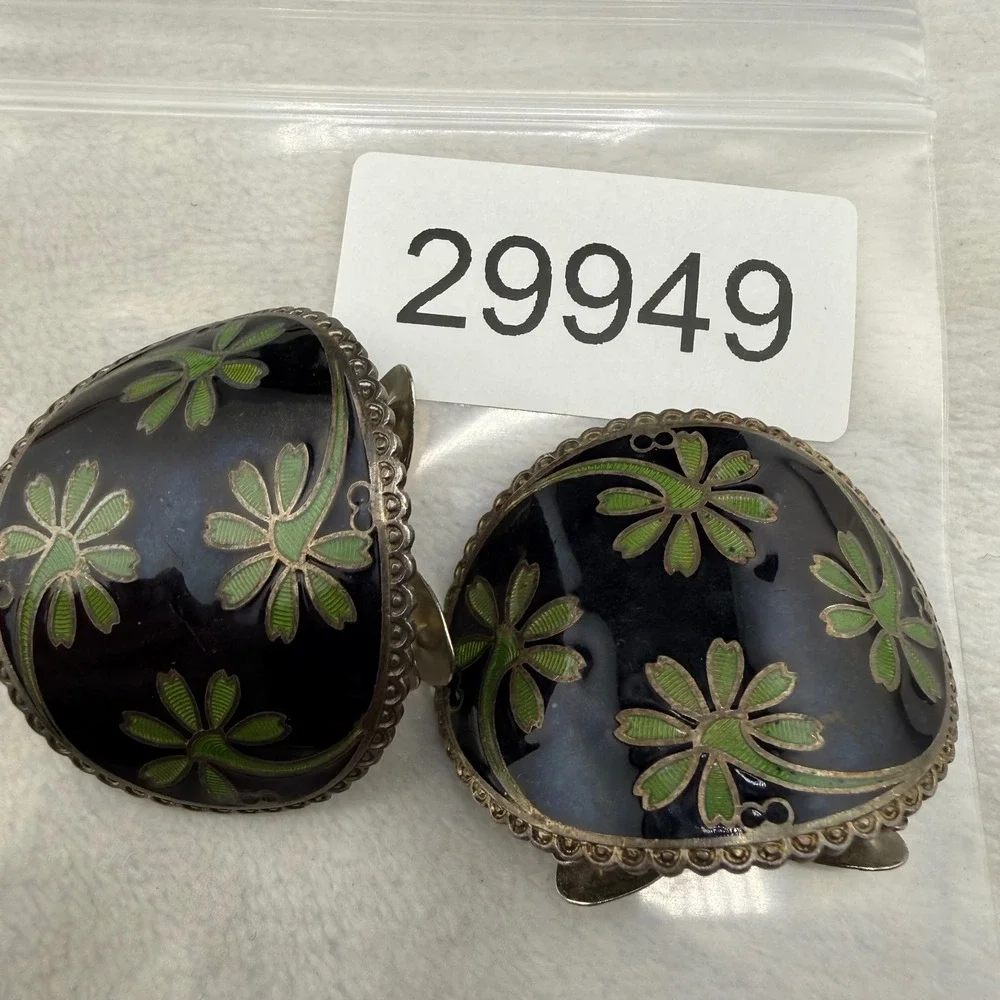 Vintage France Enamel Scarf Clips Black Green Floral Pair READ